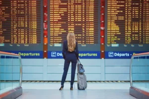 Woman with long blond hair standing in front of departures board in an airport with all travel essentials for the plane in her bag