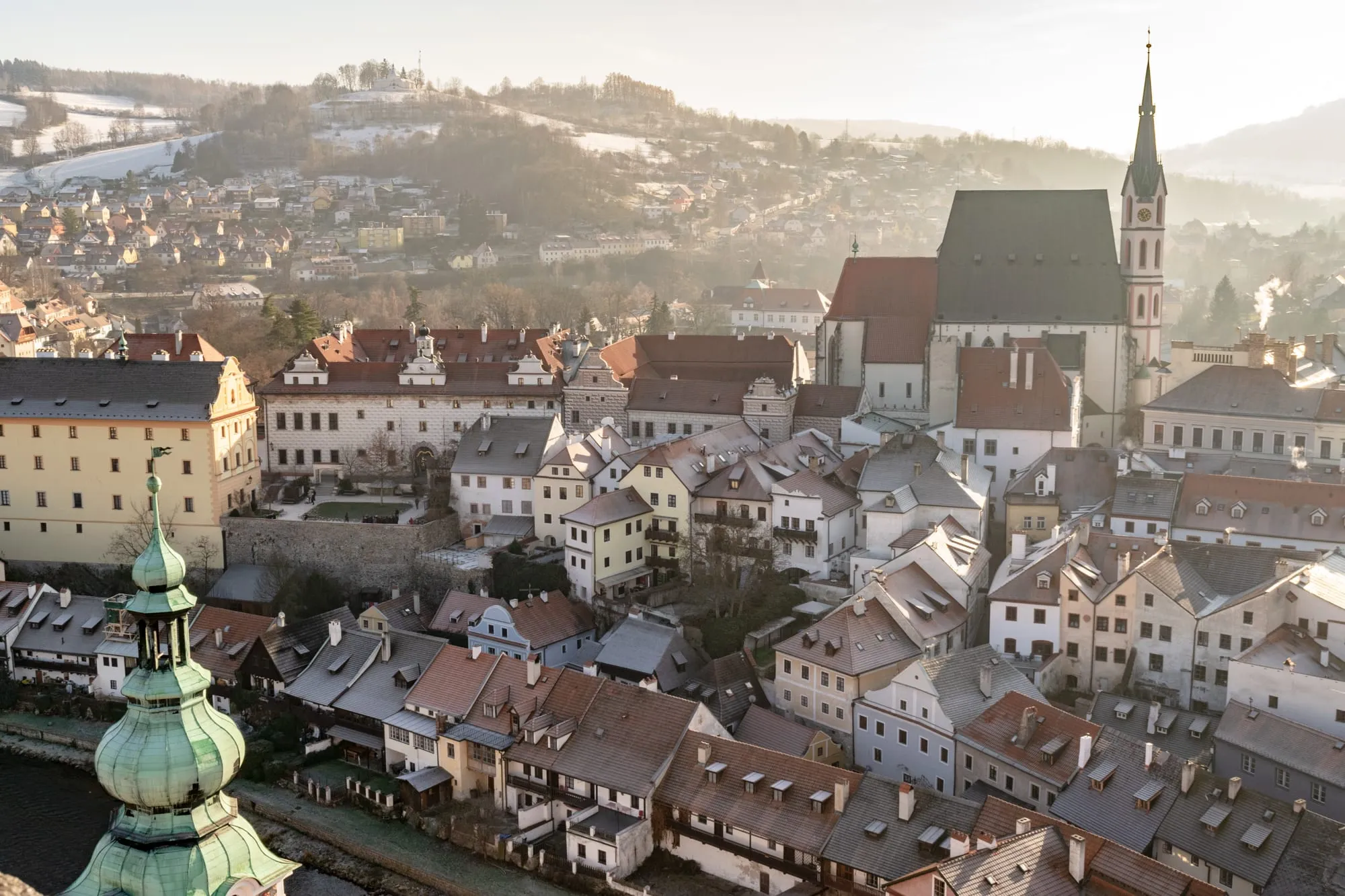 View of cesky krumlov from Castle Tower, one of the best things to do in cesky krumlov winter