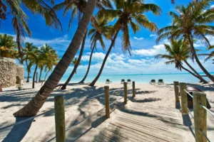 Palm-tree lined path leading to Caribbean Sea beach in Key West Florida, one of the best southern weekend getaways